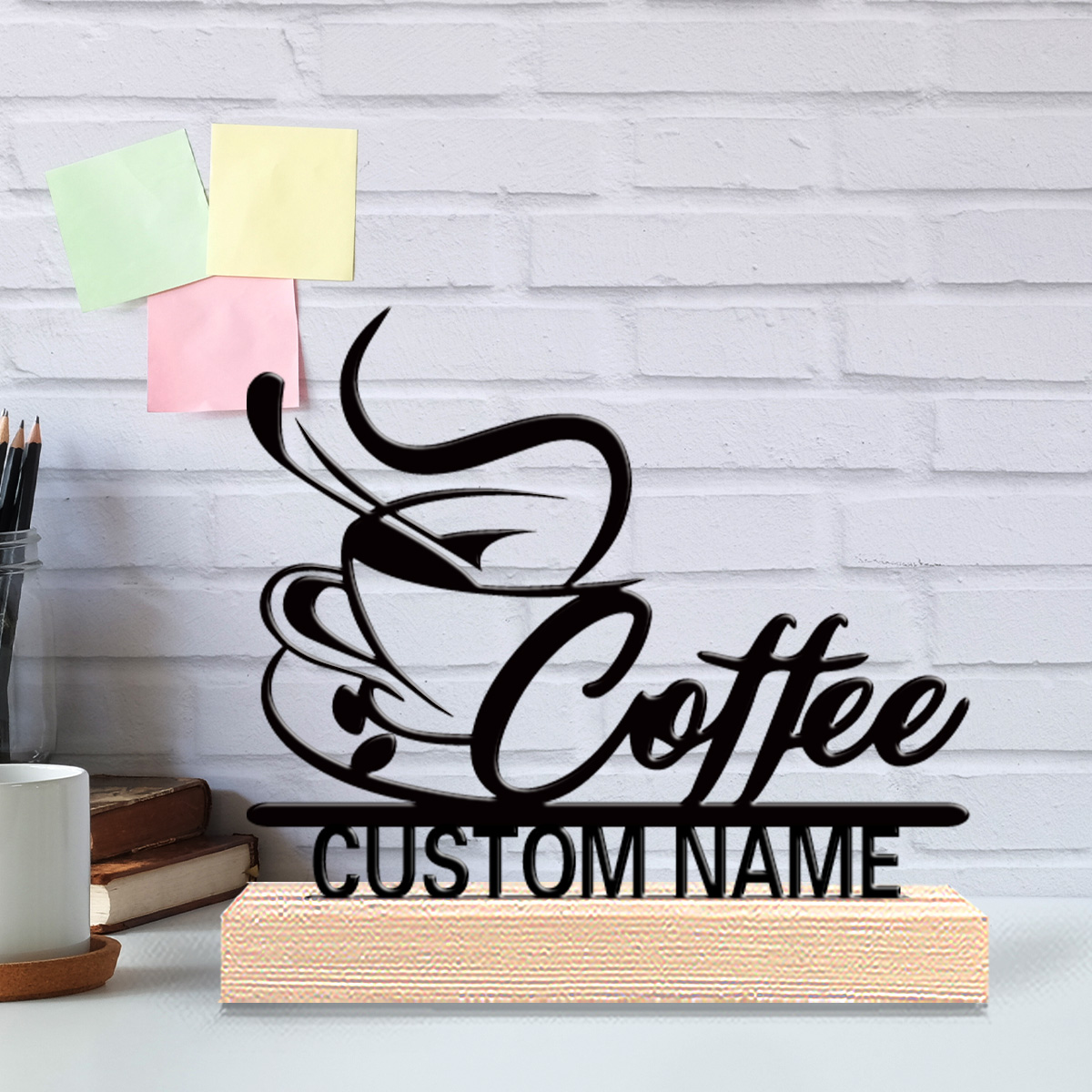 Art Craft Names - 1個入り モダンなコーヒー柄 カスタムネーム入りブリキ像 金属製オーナメントアートクラフト 木製台座付きブリキオーナメント 子供へのプレゼントに