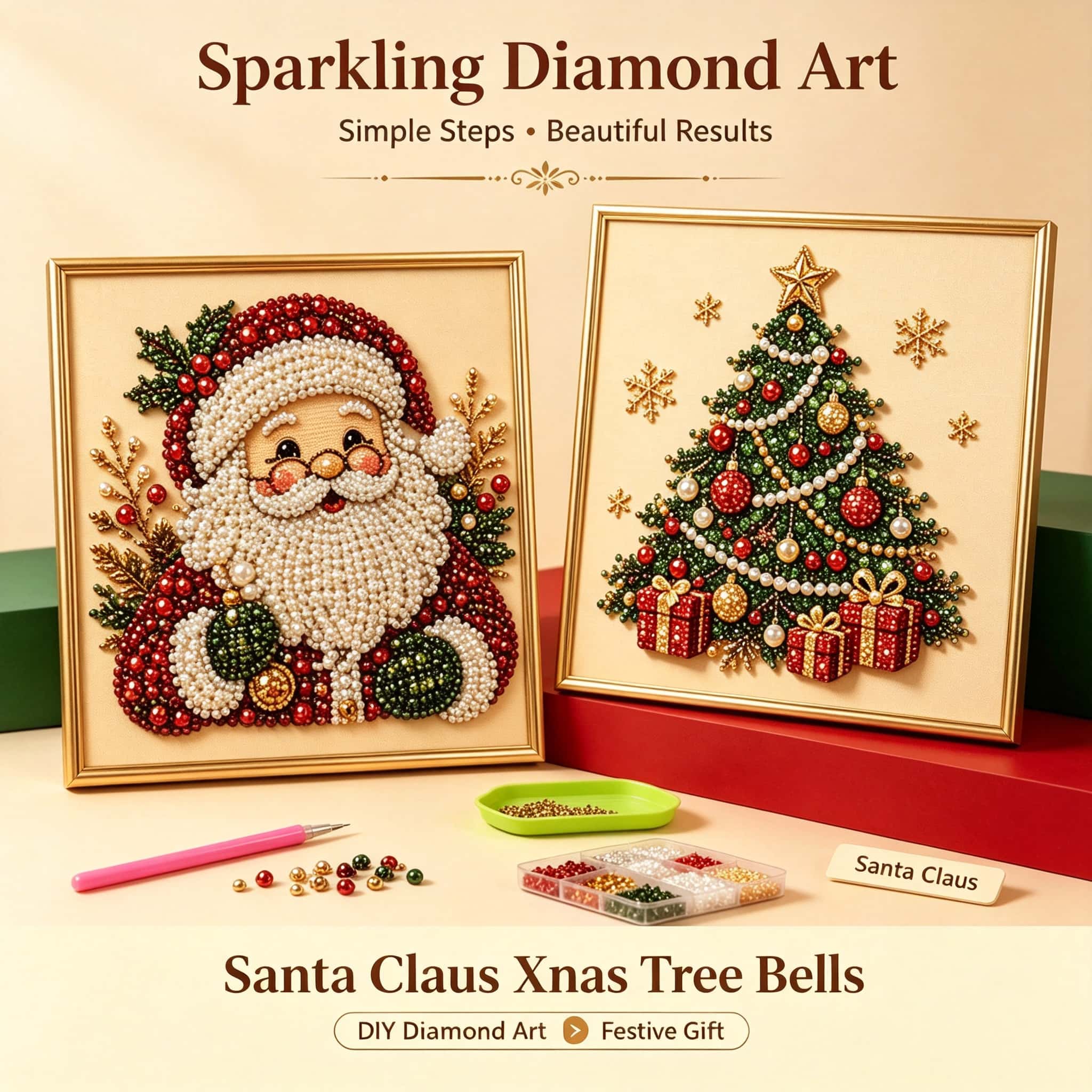 Art And Craft For Xmas - クリスマス・ダイヤモンドアート・クラフトキット。サンタクロース、クリスマスツリー、ベルのダイヤモンドペイント。DIYビーズで作る、ホリデーシーズンのホームデコレーションに最適なギフト。