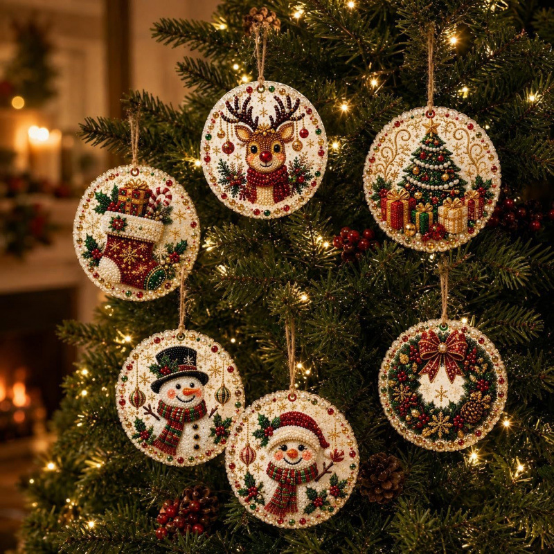 Art Craft Holiday - 6個入り DIY ダイヤモンドアートペイント クリスマス アクリルオーナメント キット、パールクラフトで、クリスマスツリー、窓、家の装飾に。ギフトにも最適。