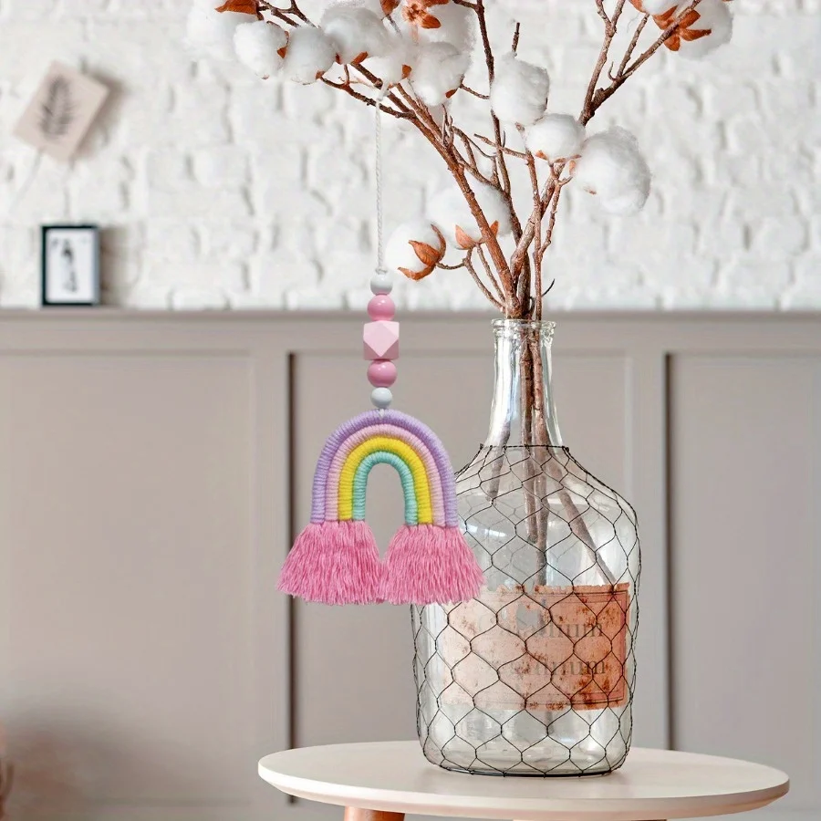 Art And Craft For Nursery - ピンクレインボー風鈴織りミニチュアぶら下げ装飾ホームアート装飾ぶら下げ工芸品保育園リビングルーム寝室