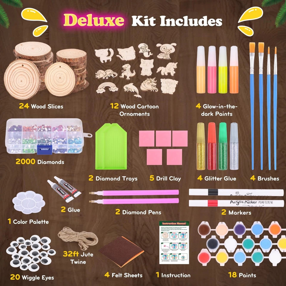 Art Craft Education - 暗闇で光る木製ペイントキット、DIY未完成木製スライスアートクラフトセット、ホームスクールアクティビティ用教育玩具