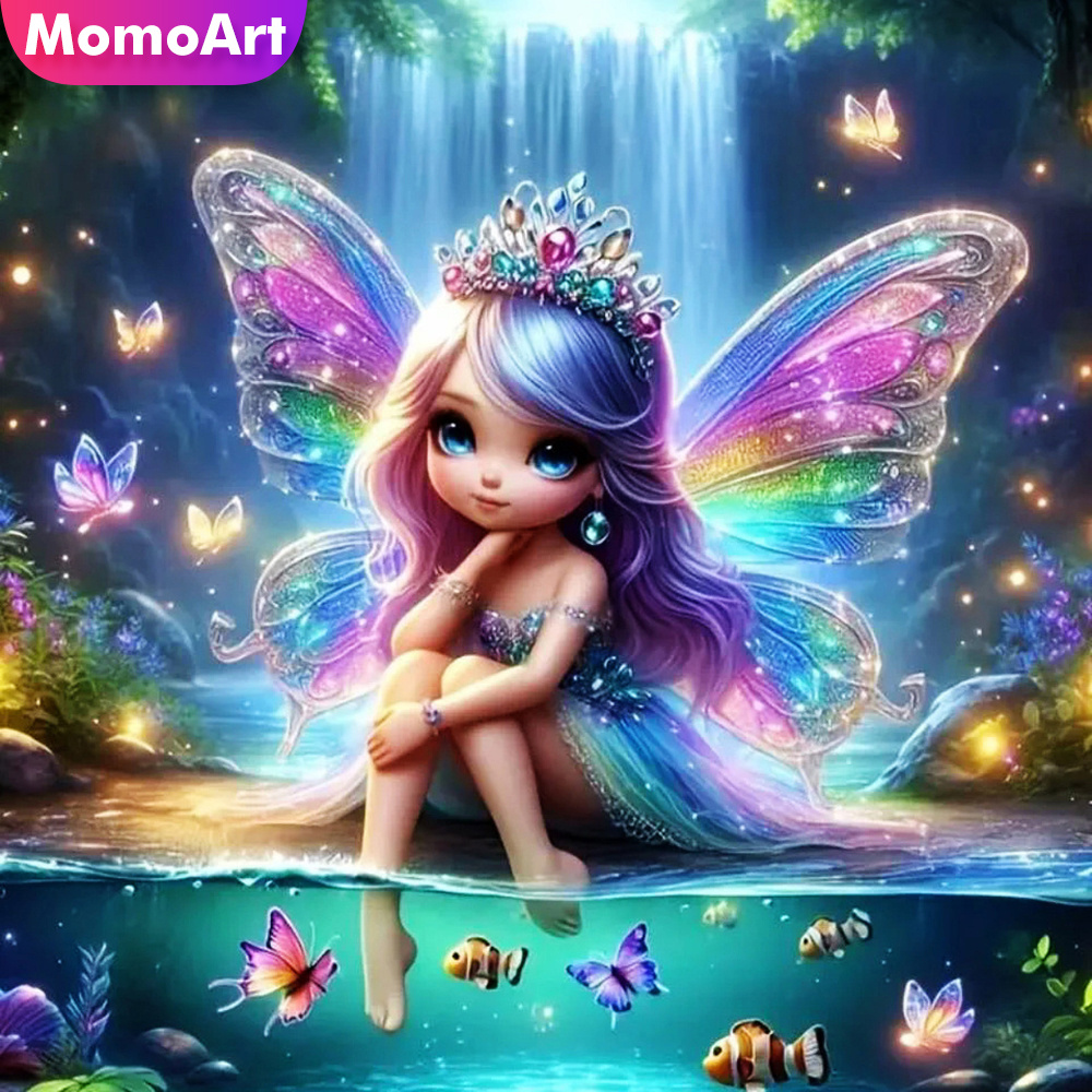 Art Craft For Adults - Momoart-漫画のモザイクダイヤモンド絵画,女の子の肖像画,精神,正方形または円形,蝶の刺embroidery,壁の装飾,新しい,2024