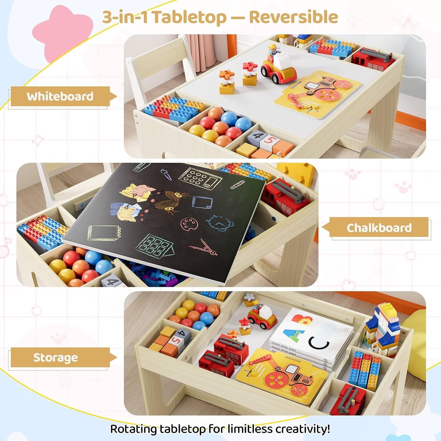 3 in 1 キッズアートテーブル＆チェアセット、黒板付き木 - Art And Craft For Nursery のレビューと価格