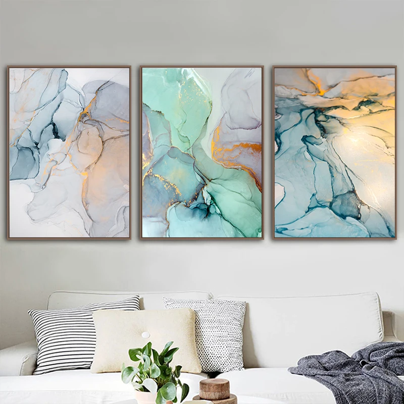 3枚セット ティールブルー ゴールド アルコールインク 抽象 - Alcohol Ink Set のレビューと価格